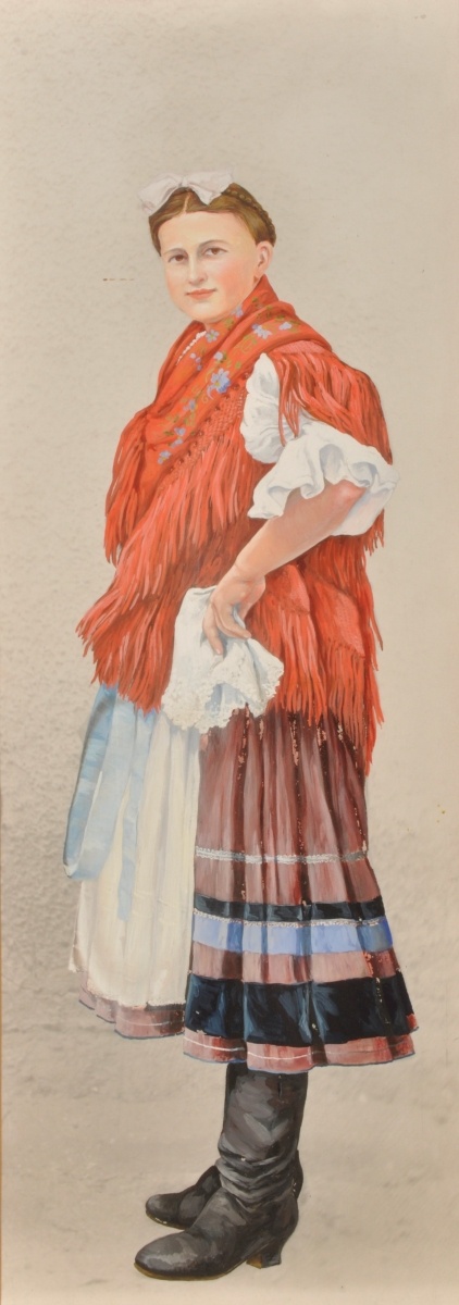 Woman from Köröstárkány in folk costume,1912. Enlarged colour rendering of a photograph by István Györffy, tempera, 49x20 cm. Museum of Ethnography, R 10586
