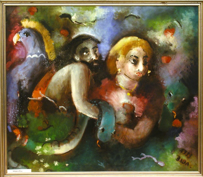Ádám és Éva. Készítő: Bada Márta, Gödöllő, 1993, olajfestmény, Néprajzi Múzeum; R 22032