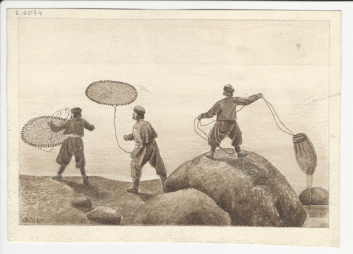 Fishing with a cast net on the Black Sea.  NM R 6074  Crimean Peninsula, Russia, 1903  Drawing by István Nécsey
