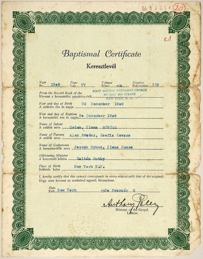 Birth certificate NM EA 16014/20   The United States of America, 1930
