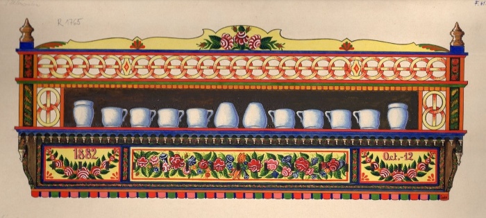 Színes festett tányéros-fogas rajza, évszáma: „1882 Oct. 12”, virágfüzérekkel díszített, Csete Balázs rajza, 1929, Tótkomlós, tempera 15x38 cm, ltsz. R 1765