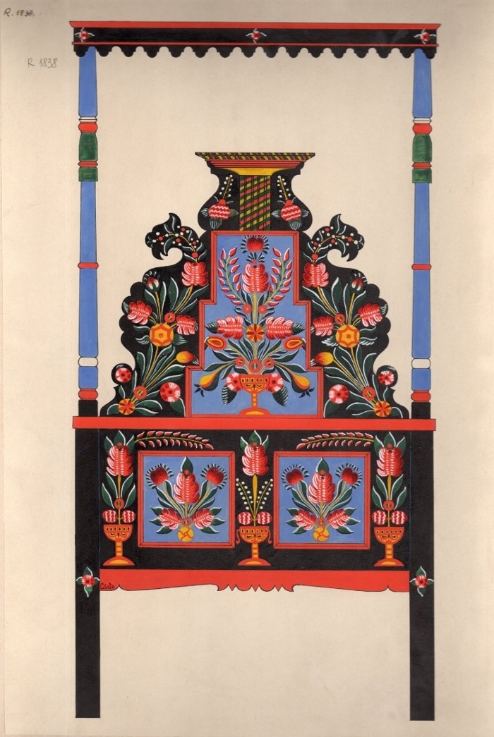 Festett tornyos ágy rajza. Az ágyvég szimmetrikusan kétoldalra hajló „tengeri-csikó” formára fűrészelt, kehelyből kinövő színes virágcsokrokkal díszítve, Csete Balázs rajza, 1929, Tótkomlós, tempera, 38x26, ltsz. R 1838