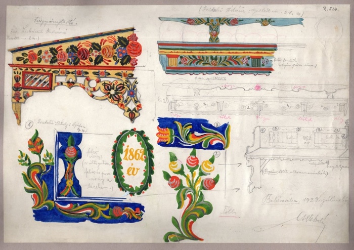 Festett függönytartó, pad és fogas rajza. A pad 1862-es évszámmal, a függönytartó tulajdonosa özv. Lukácsik Andrásné Horváth utca 2. szám alatti lakos, a fogas tulajdonosa Aradzki Ádám, Gellért utca 21. szám alatti lakos. A rajzon jegyzetek a bútorok díszítményére és színére vonatkozóan, Csete Balázs helyszíni rajza, Békéscsaba, 1929, színes rajz, 28x41, ltsz. R 524