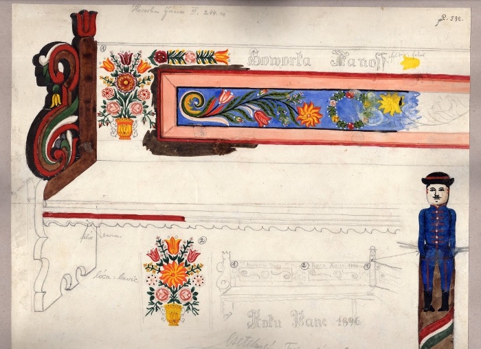 Festett padok rajzai egyiken felirat „Hovorka Jánoss”, másikon „Roku Banc 1896”, mindkettőnek kiemelve a csokros virágdíszítménye és a karfák tulipános, emberalakos kiképzése, jegyzetekkel a festés színeire vonatkozóan, Csete Balázs helyszíni rajza, 1929, Tótkomlós, 26x39, színes rajz, ltsz. R 532