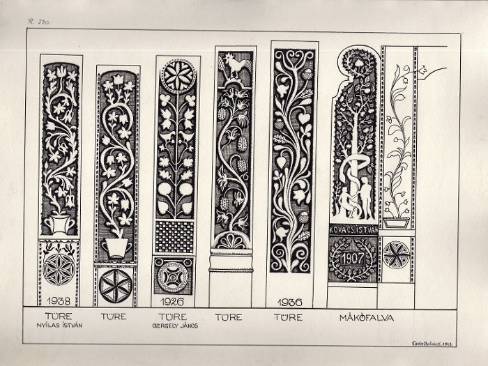 Díszített, faragott kapuoszlopok Türéről és Mákófalváról, feliratok: '1938 Türe Nyilas István, 1926 Türe Gergely János, 1936 Türe, 1907 Mákófalva Kovács István'. Mindegyik kapuláb virágindával díszített, az utolsón paradicsomi jelenet látható. Türe , Kalotaszeg (Kolozs vm.), grafika, tollrajz, 29,5x38,8 cm, 1943., NM R 330