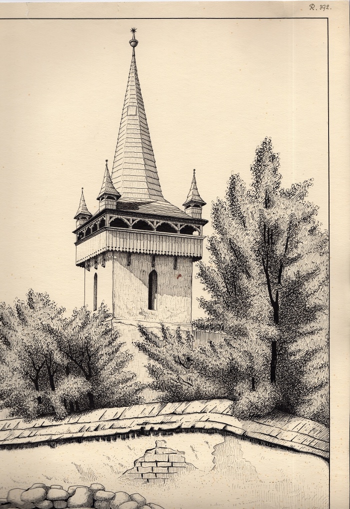 A kerített zsindelytetős négyfiatornyos toronnyal ellátott damosi református templom látképe. Kalotadámos, Dámos, Kalotaszeg, (Kolozs vm.), grafika, tollrajz, 48,5x35,5cm, 1942., NM R 392