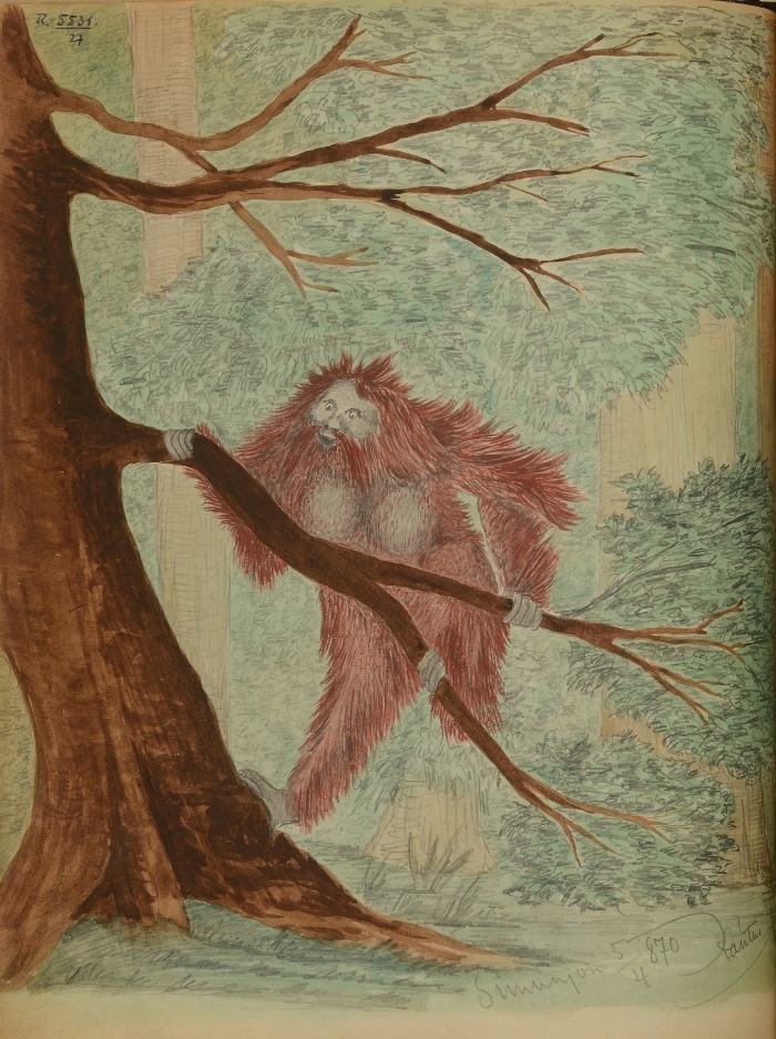 Fára mászó orángután, Simunjon, 1870. április 5. (Xántus János rajza, NM R 5331 27)