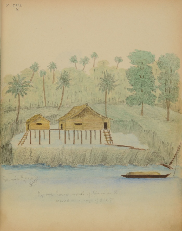 Xántus háza a Simunjon folyó torkolatánál, 1870. április 9. (Xántus János rajza, NM R 5331 36)