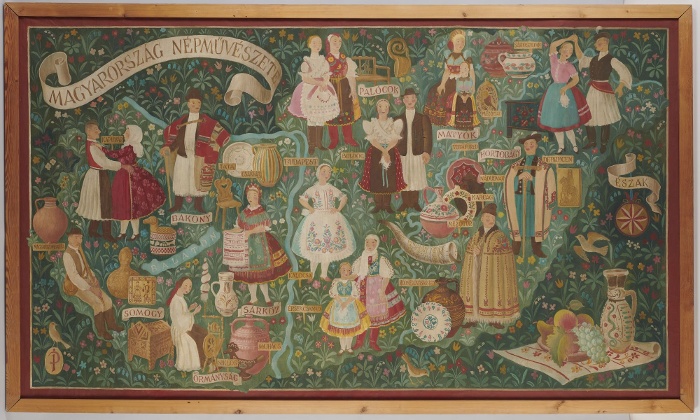 Kép az Ismerd meg és alkosd újra vándorkiállításához. Felirata: Magyarország népművészete 1955, Pekáry István festménye, Néprajzi Múzeum