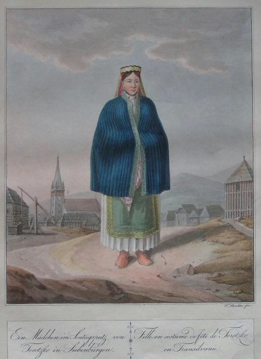 2. Torockói lány / Franz Jaschke. Színezett rézkarc. In National Kleidertrachten und Ansichten von Ungarn, Croatien, Slavonien, dem Bannat, Siebenbürgen und der Bukowina. Wien, 1821. (RX 355)