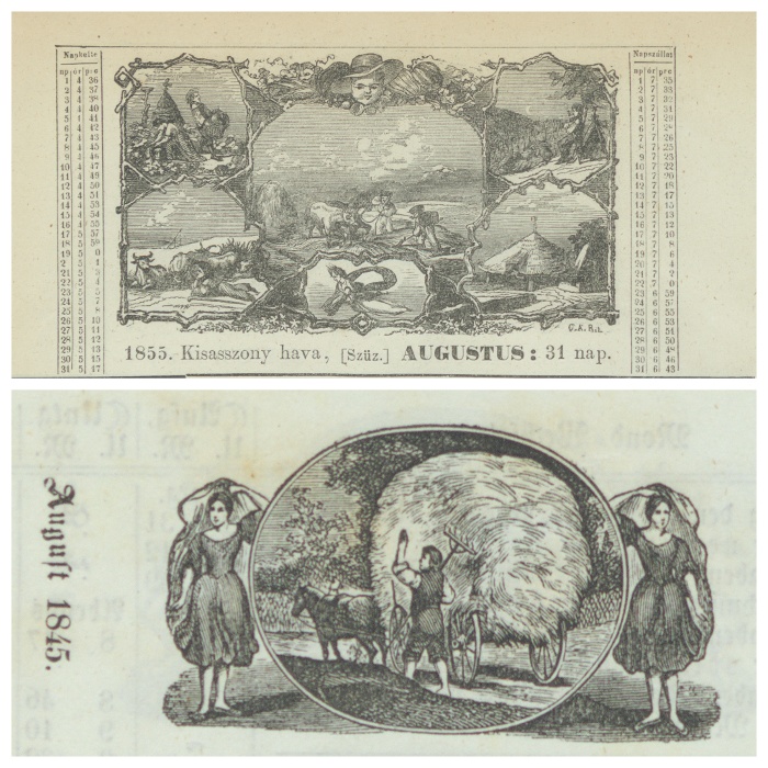 5. Vahot Imre Nagy Képes Naptára 1855-re. Pest, 1854. (Kal 21.445) és a Deutscher Volks-Kalender 1845. Berlin, 1844. (Kal 1.418/1845) hónapképei