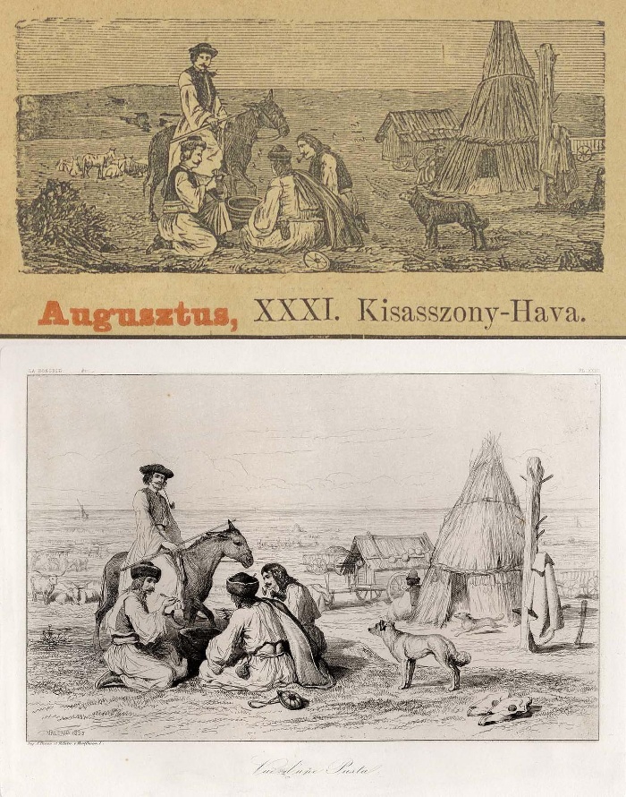 8. Bucsánszky Alajos Képes Kossuth-naptára. Bp., 1897. (Kal 28.361) és Théodore Valerio: Pusztai látkép. In Costumes de la Hongrie et des Provinces Danubiennes. Paris, [1855.] (RX 7.295)