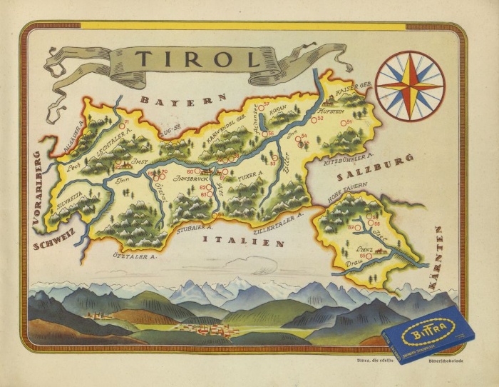 3. Tirol sematikus térképe a kártyákon látható viseletek származási helyével