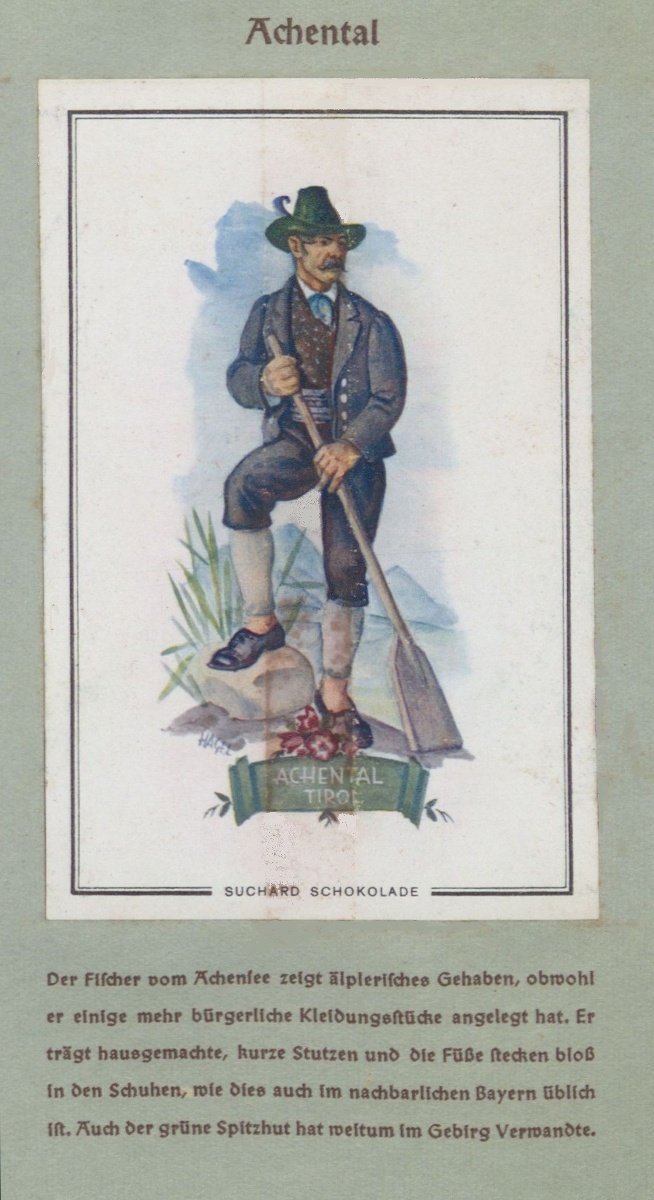 5. Halász (Achental, Tirol). Házilag készült gyapjú félharisnyában, lábai mezítláb a cipőben, ahogyan ez a szomszédos Bajorországban is szokásos volt