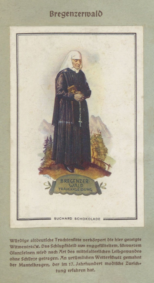 6. Özvegyi viselet (Bregenzerwald, Vorarlberg). Eredetileg az időjárás elleni védelemül szolgáló, 17. századig visszavezethető köpenygallérral.