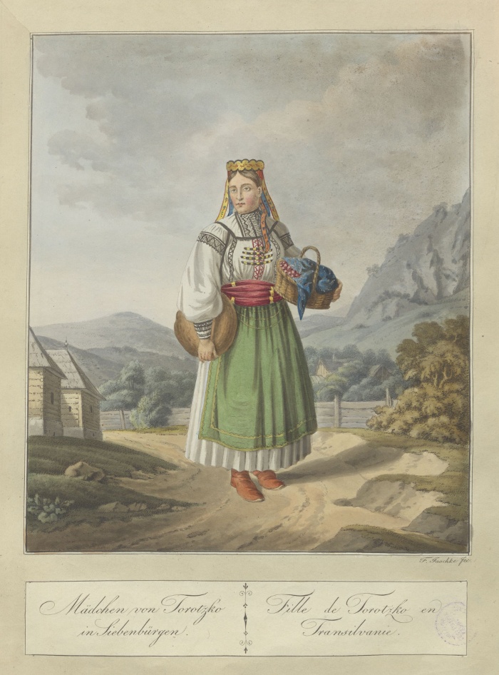 Torockói lány / Franz Jaschke. Színezett rézkarc. In National Kleidertrachten und Ansichten von Ungarn, Croatien, Slavonien, dem Bannat, Siebenbürgen und der Bukowina. Wien: Anton Strauss K. K. Priv. Buchdrucker, 1821. (RX 355)